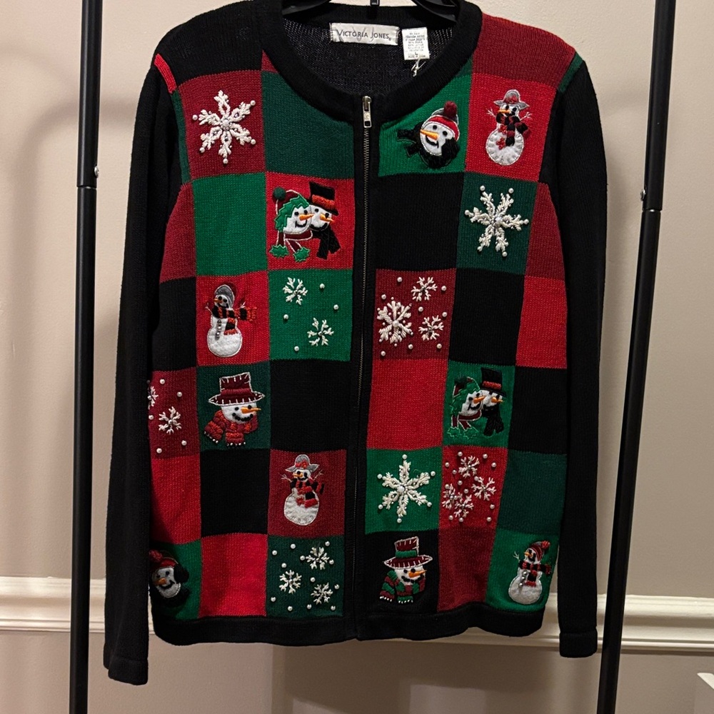 Victoria Jones Vintage Holiday Embroidered Zippered Cardigan Sweater size large